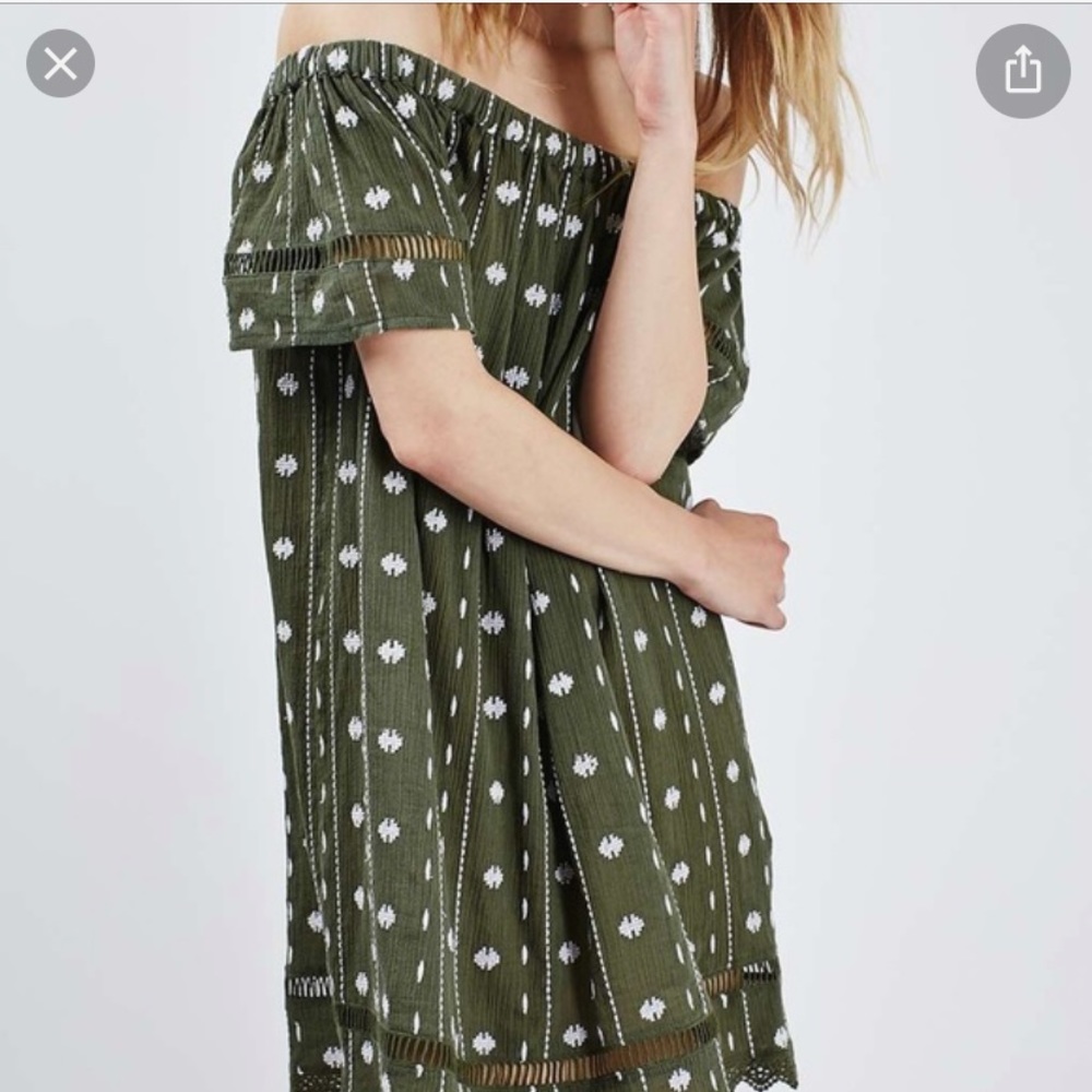 Topshop olive green off the shoulder dress